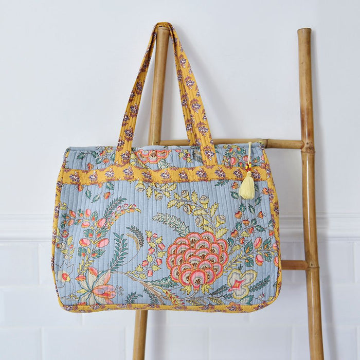 Block Printed Coral Exotic Bouquet Quilted Bag