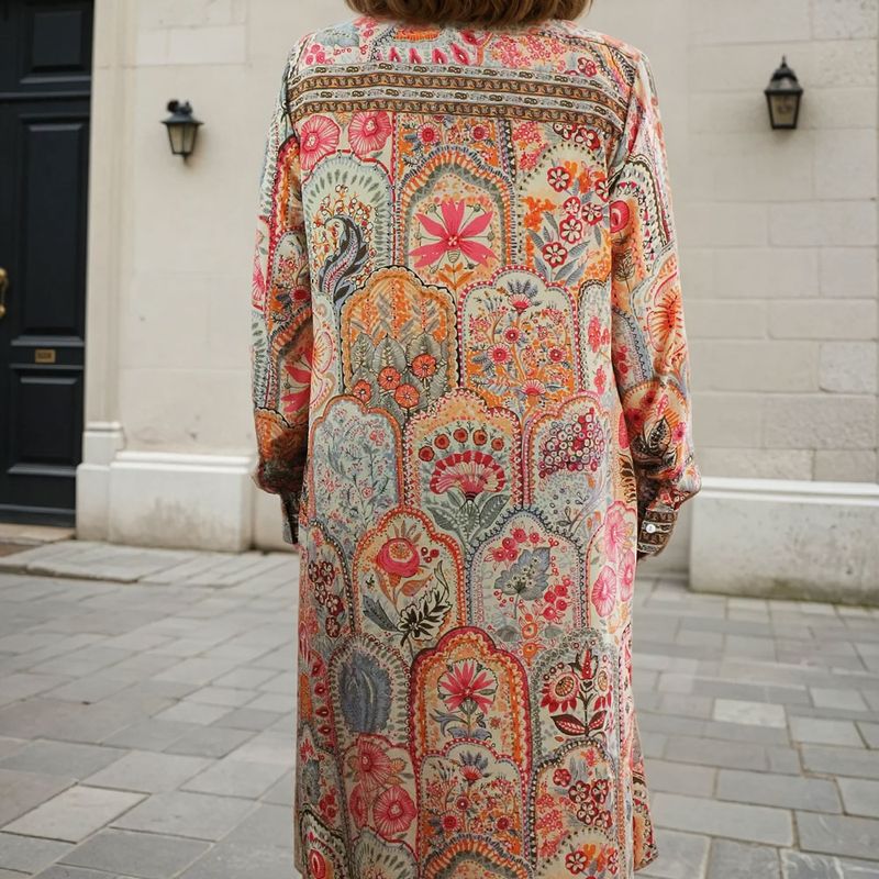 'Elora' Buttoned Pink, Orange & Cream Floral Tile Print Shirt Dress