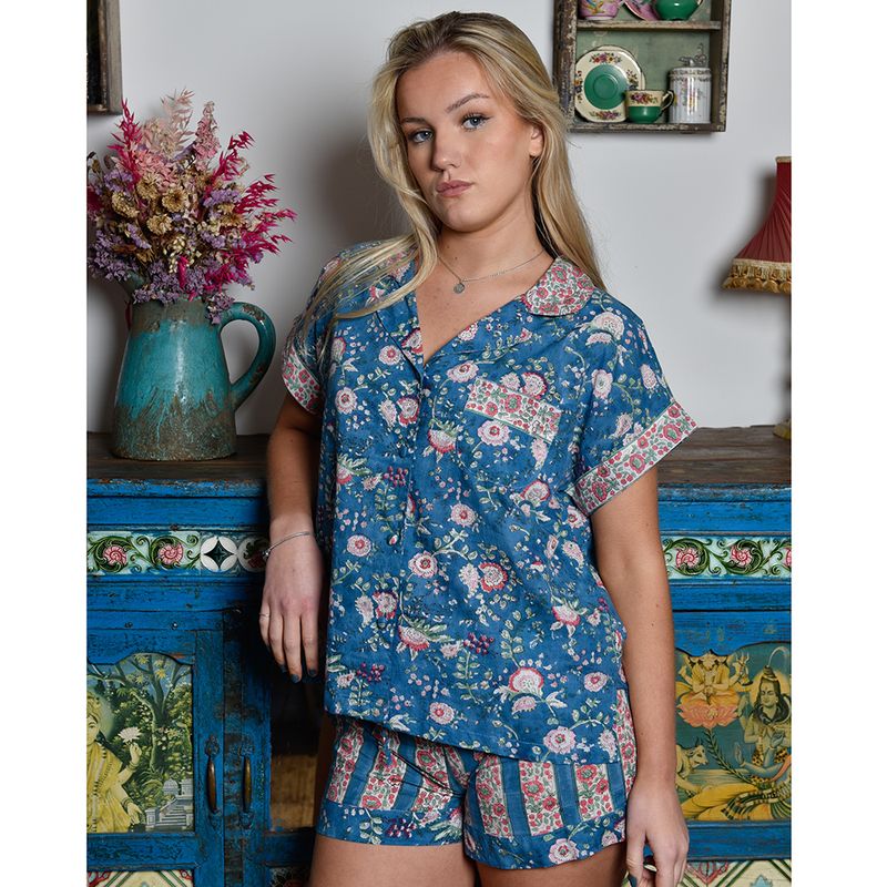 Block Printed Inky Blue & Pink Floral Stripe Cotton Short Pyjama Set