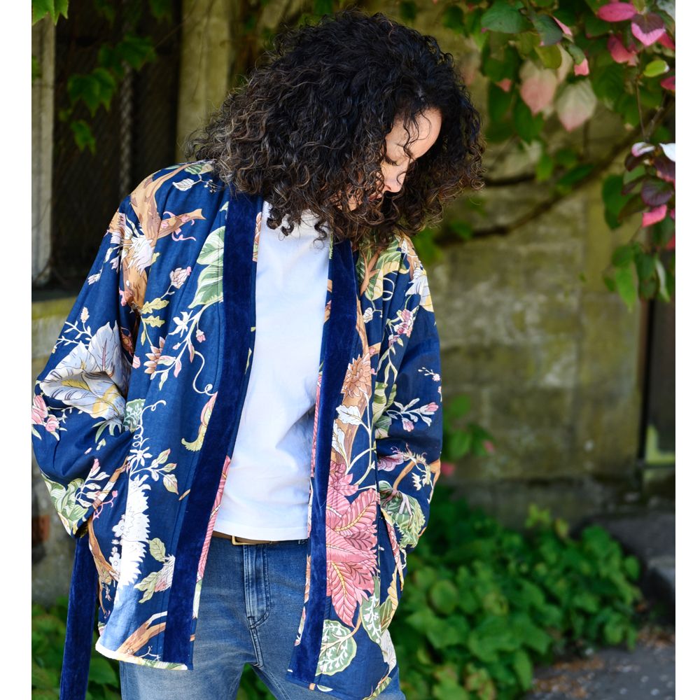 Dark Blue Velvet/Carnation Cotton Print Reversible Jacket