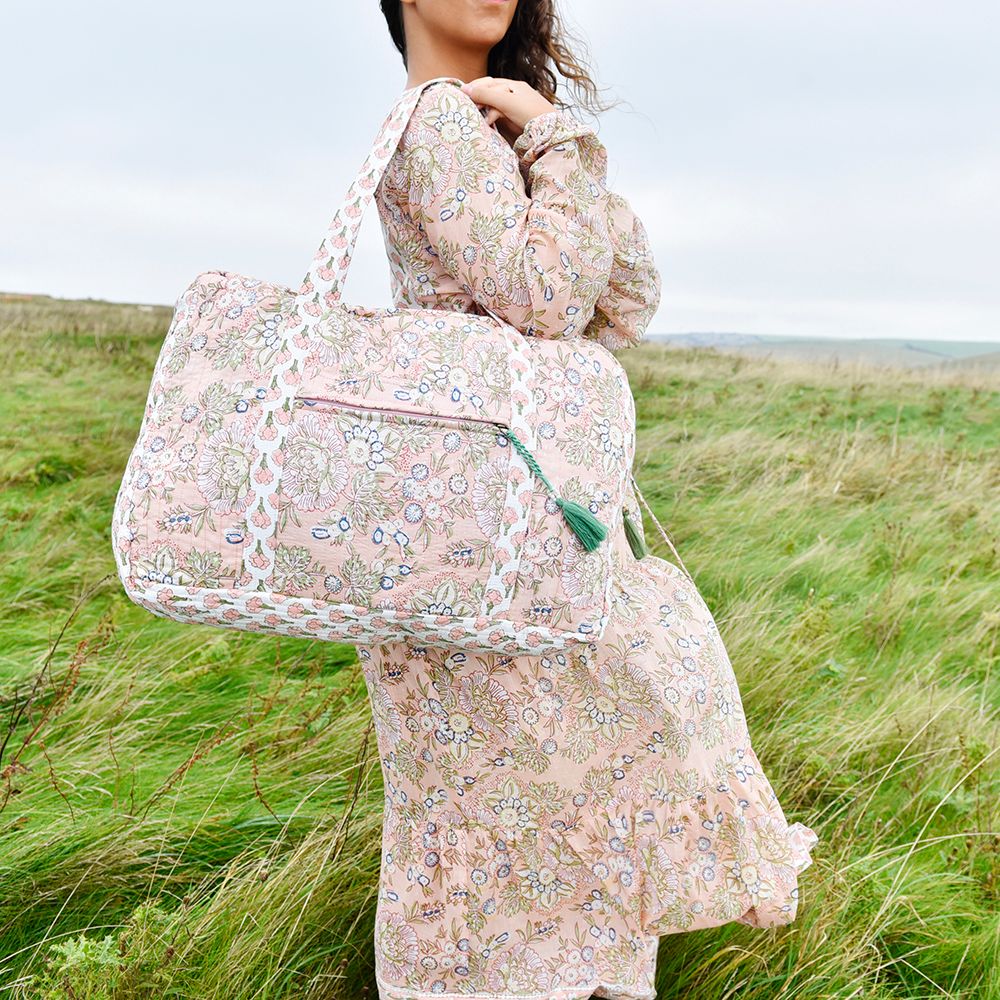 Block Printed Peach Floral Quilted Bag