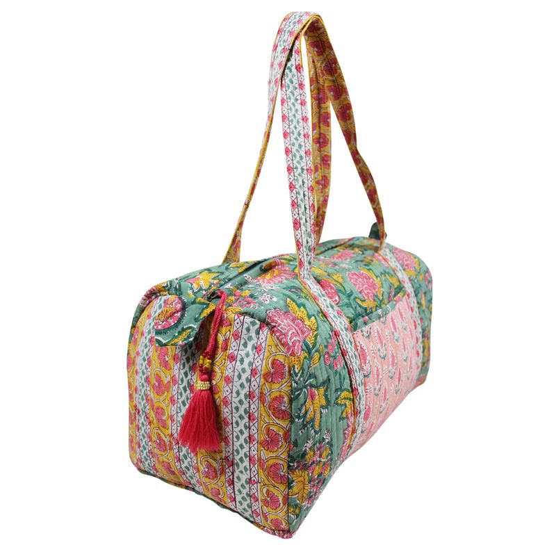 Block Printed Green, Lemon & Sorbet Pink Floral Stripe Quilted Duffle Bag