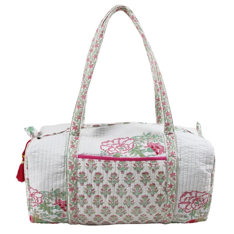 Block Printed Pink & Mint Floral Bird Quilted Duffle Bag