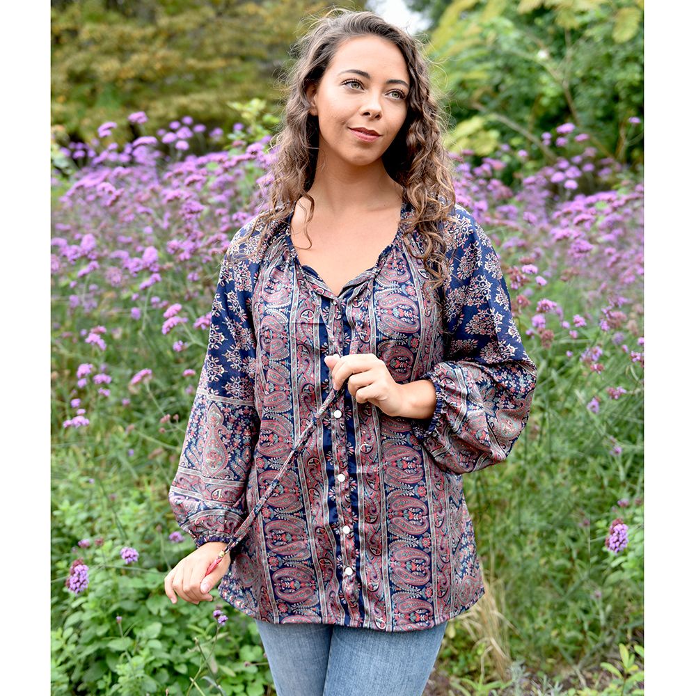 Navy Floral Bohemian Blouse 'Dahlia'