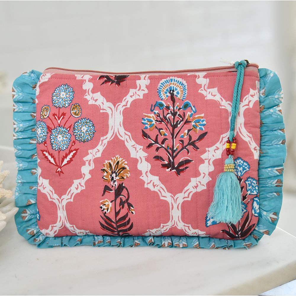 Block Printed Pink & Blue Floral Tile Quilted Ruffle Make Up Bag