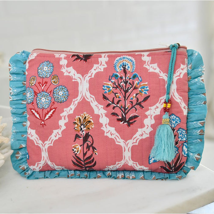 Block Printed Pink & Blue Floral Tile Quilted Ruffle Make Up Bag