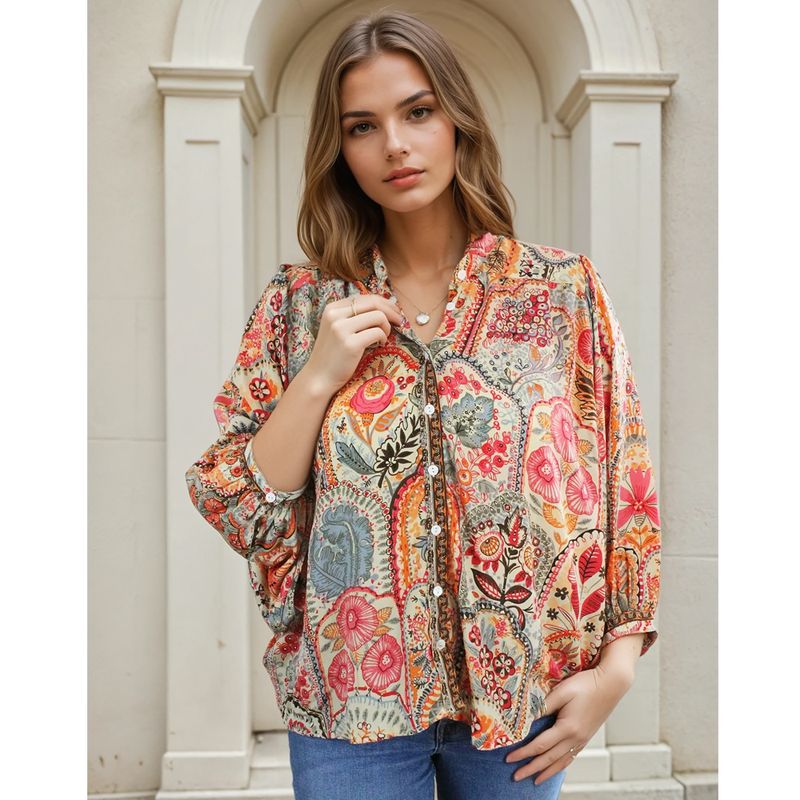 Pink, Orange & Cream Floral Tile Print Button Down Shirt