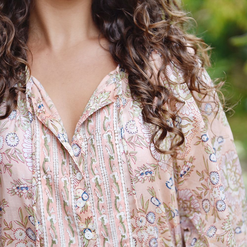 Block Printed Peach Floral Cotton Blouse 'Cora'