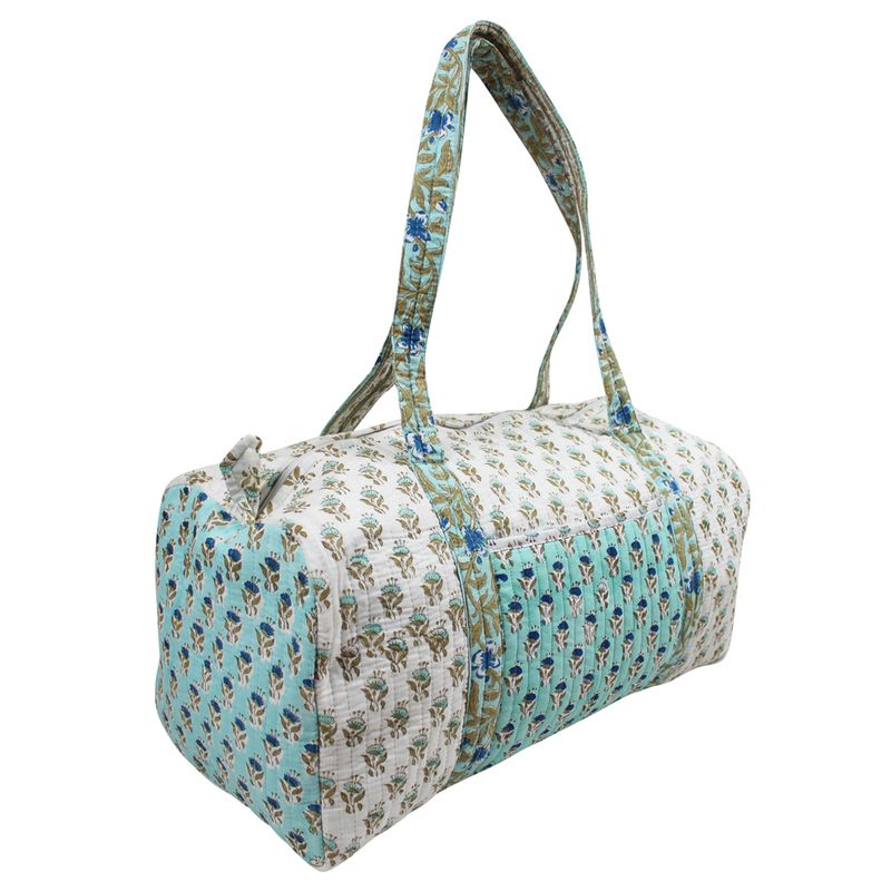 Block Printed Aqua, White & Green Floral Quilted Duffle Bag