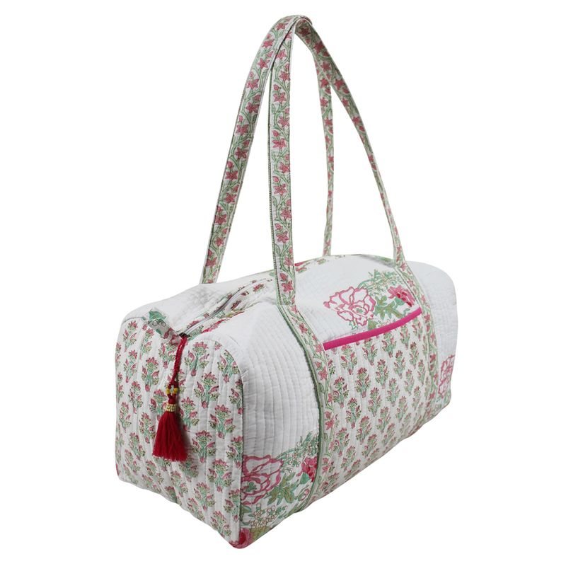 Block Printed Pink & Mint Floral Bird Quilted Duffle Bag
