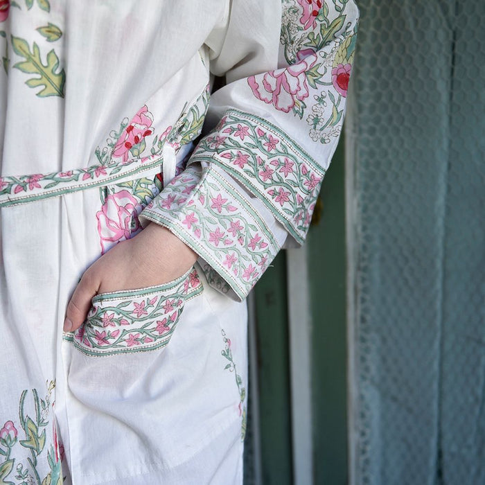 Block Printed Pink & Mint Floral Bird Cotton Dressing Gown