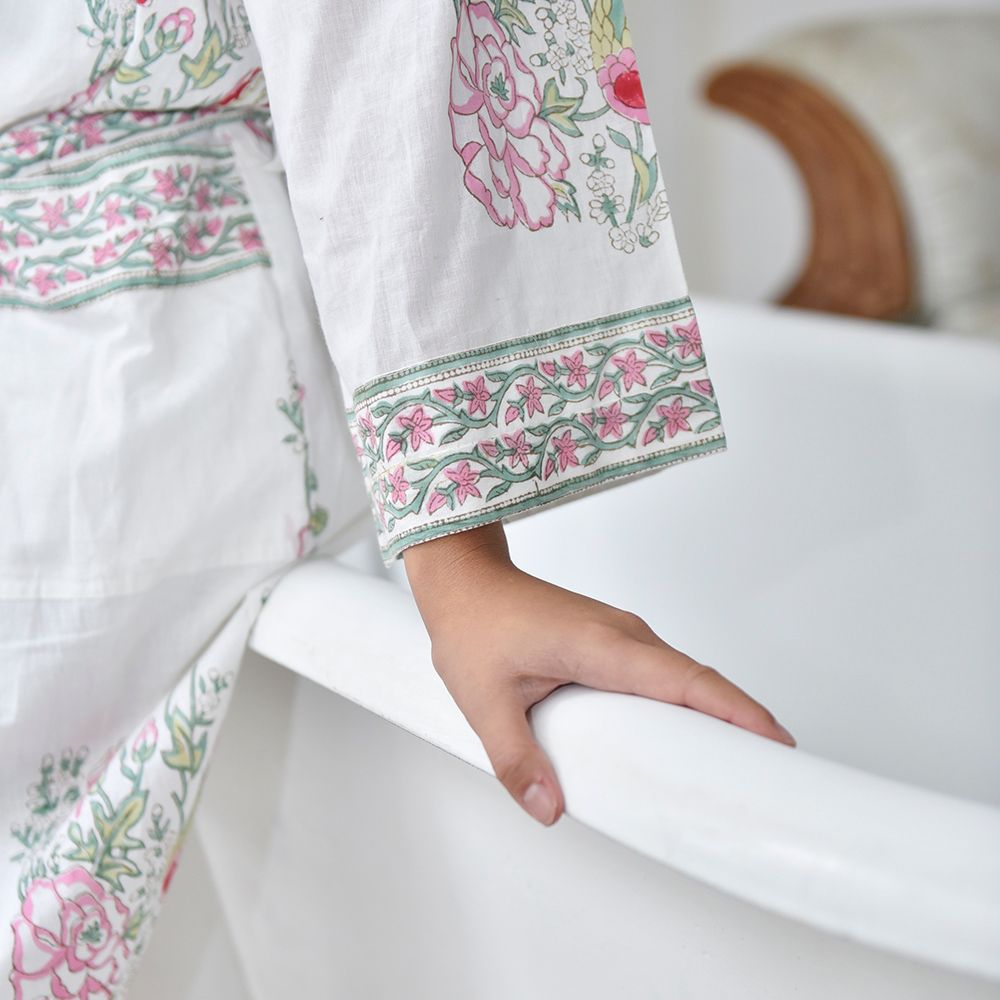 Block Printed Pink & Mint Floral Bird Cotton Dressing Gown