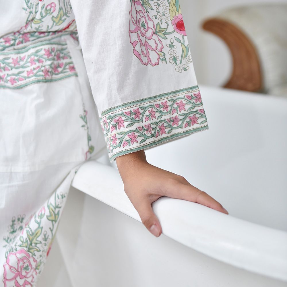 Block Printed Floral Bird Cotton Dressing Gown