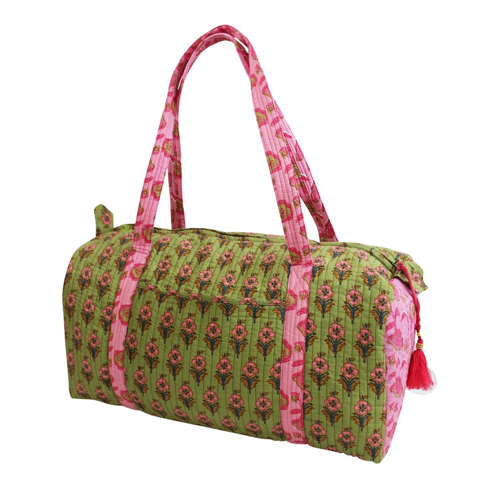 Block Printed Green & Pink Floral Quilted Duffle Bag