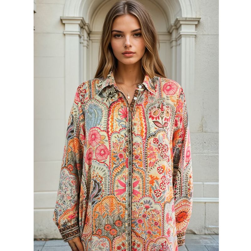 'Elora' Buttoned Pink, Orange & Cream Floral Tile Print Shirt Dress