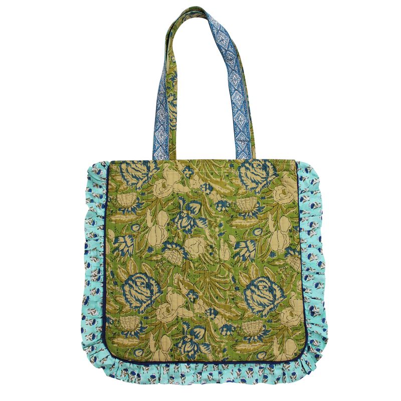Block Printed Green & Aqua Blue Quilted Ruffle Tote Bag