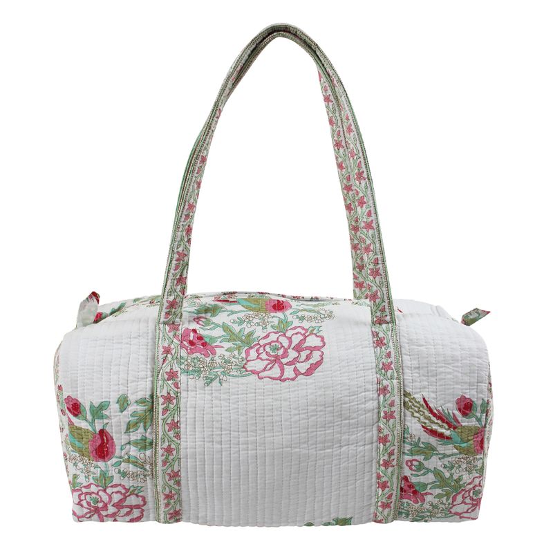 Block Printed Pink & Mint Floral Bird Quilted Duffle Bag