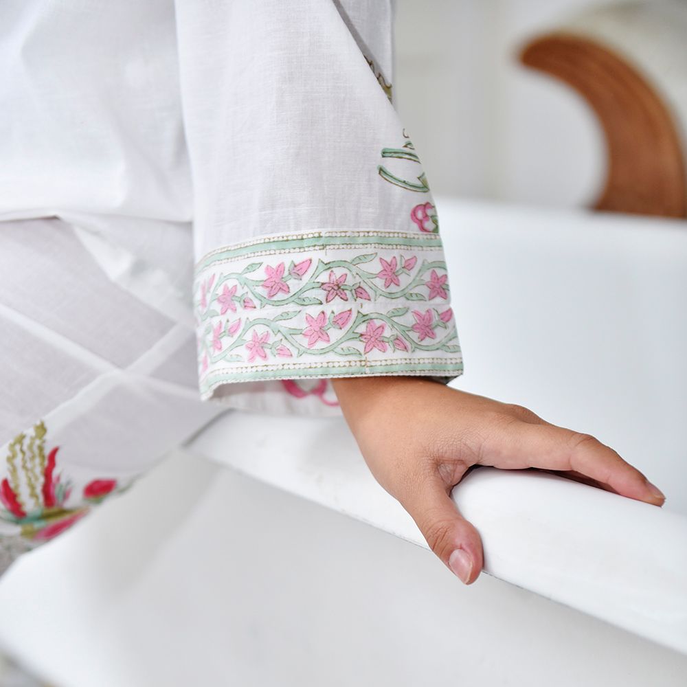 Block Printed Pink & Mint Floral Bird Cotton Pyjamas