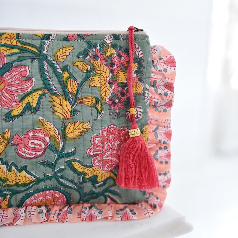 Block Printed Green, Lemon & Sorbet Pink Floral Stripe Quilted Ruffle Make Up Bag