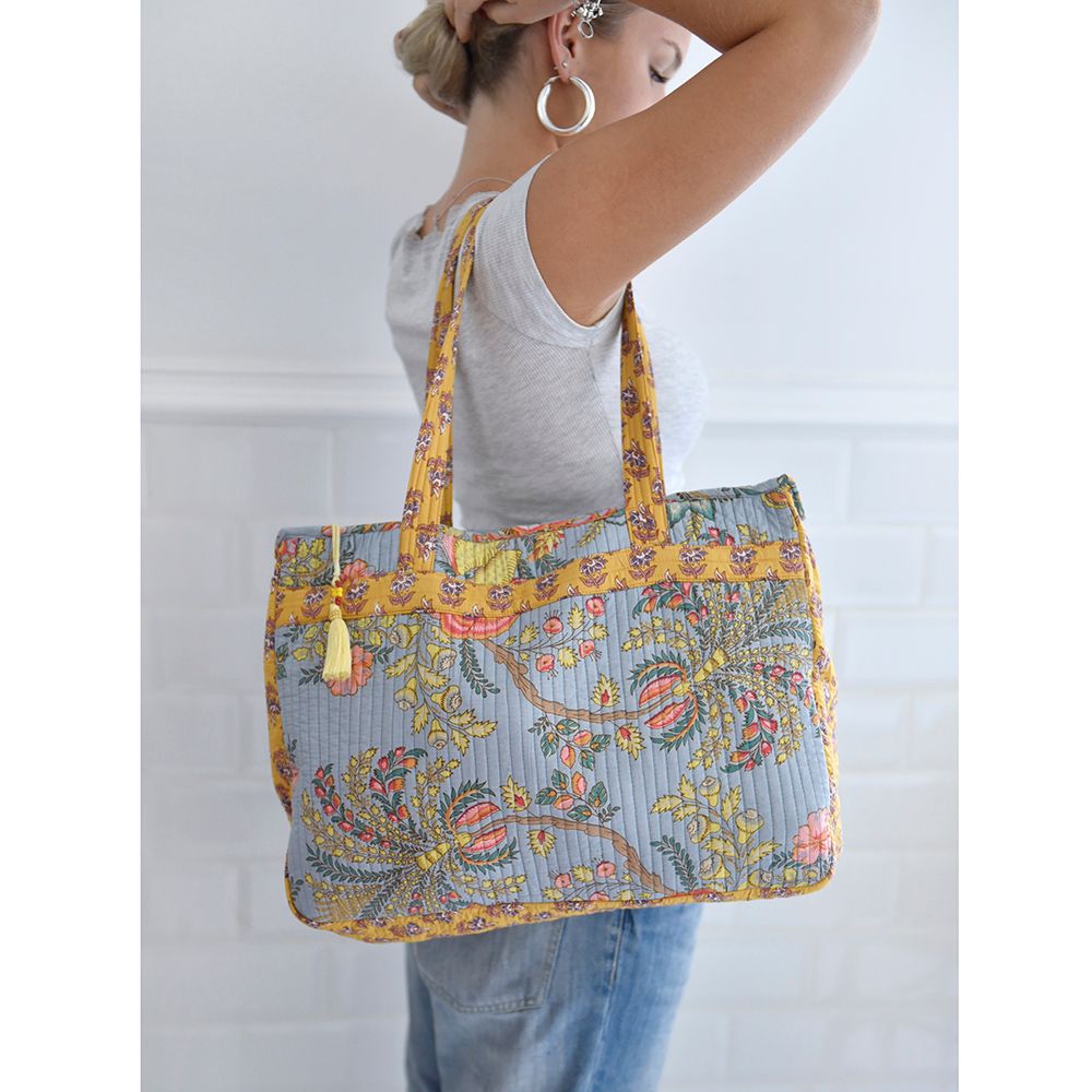 Block Printed Coral Exotic Bouquet Quilted Bag