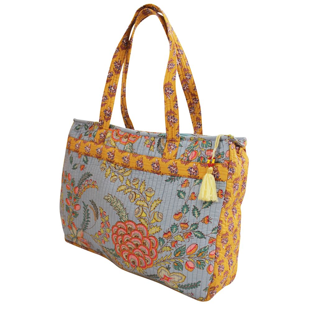 Block Printed Coral Exotic Bouquet Quilted Bag