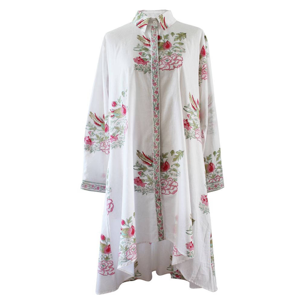 Block Printed Floral Bird Cotton Shirt Dress 'Natalia'