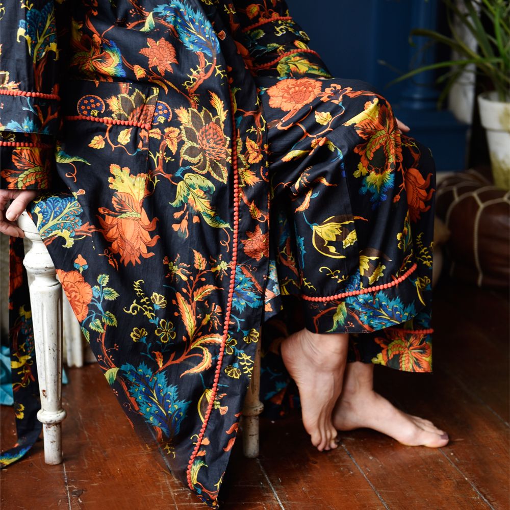 Burnt Orange Exotic Flower Print Cotton Dressing Gown