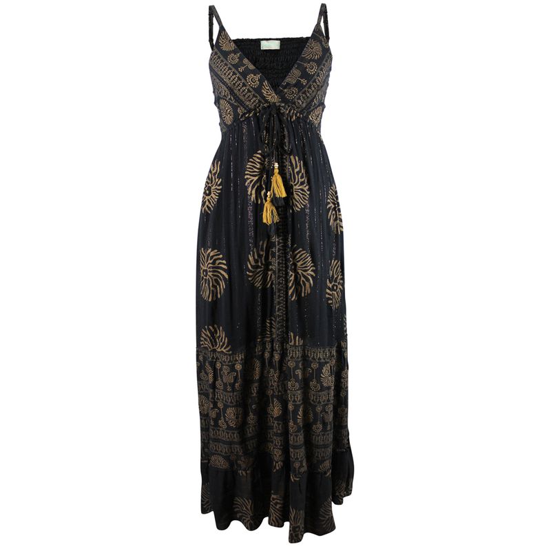 'Astrid' Black & Gold Indian Print Crepe Dress