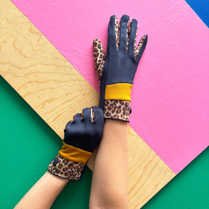 Animal Print Navy & Mustard Leopard Gloves
