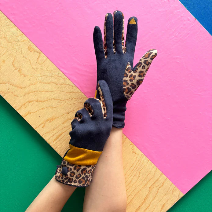 Animal Print Navy & Mustard Leopard Gloves