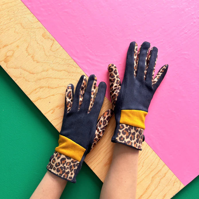 Animal Print Navy & Mustard Leopard Gloves