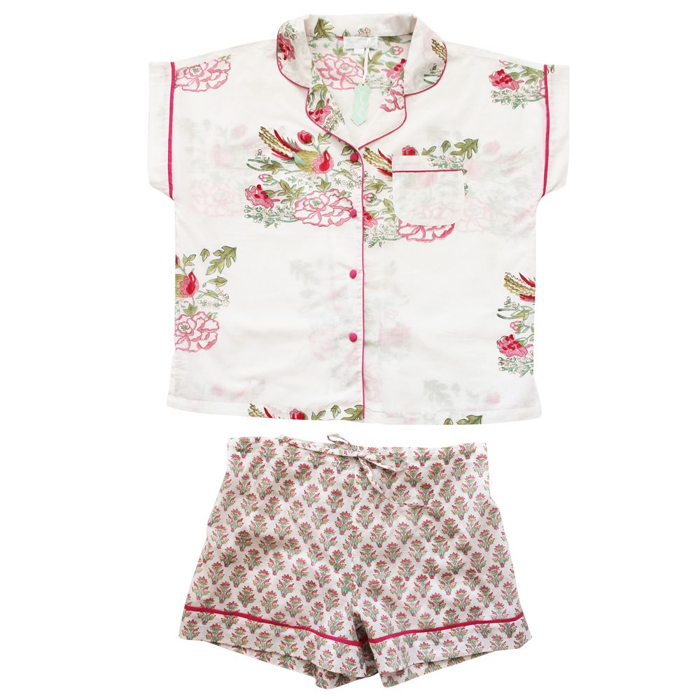 Block Printed Pink & Mint Floral Bird Cotton Short Pyjama Set