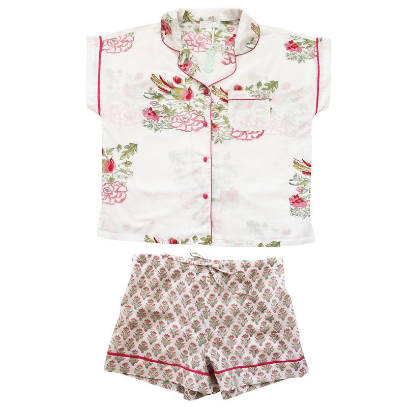 Block Printed Floral Bird Cotton Short Pyjama Set