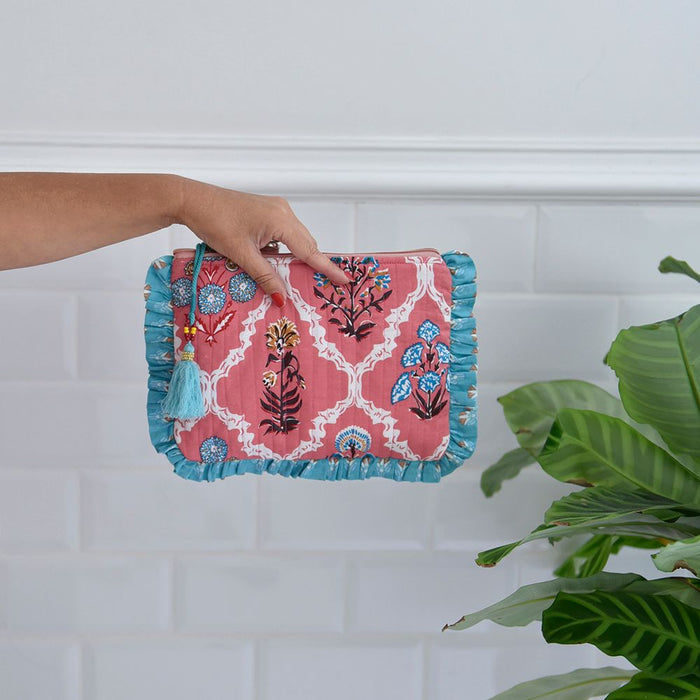 Block Printed Pink & Blue Floral Tile Quilted Ruffle Make Up Bag