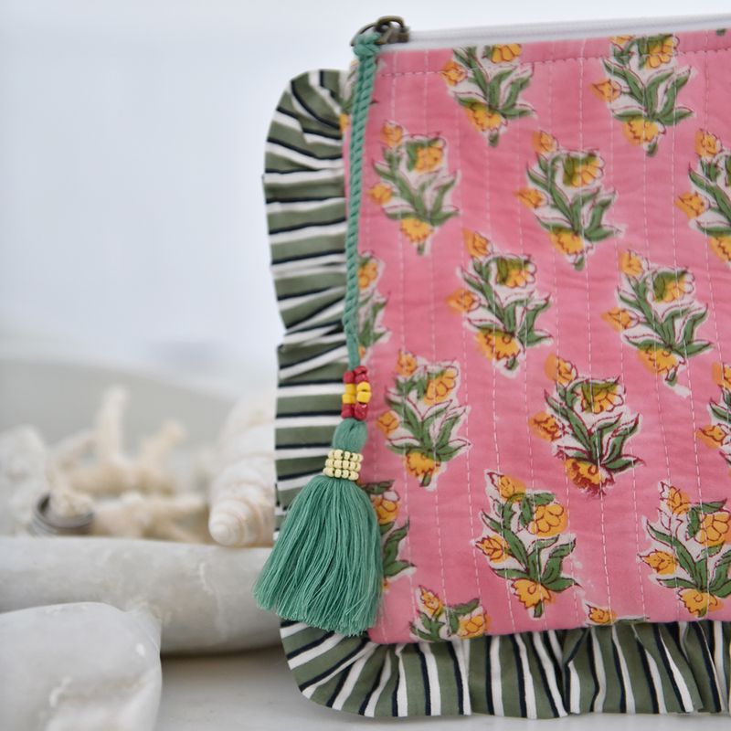 Block Printed Green & Pink Ogee Quilted Ruffle Make Up Bag