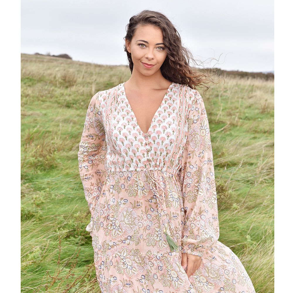 Block Printed Peach Floral Cotton Dress 'Cora'
