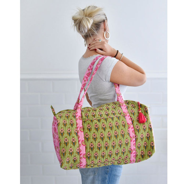 Block Printed Green & Pink Floral Quilted Duffle Bag