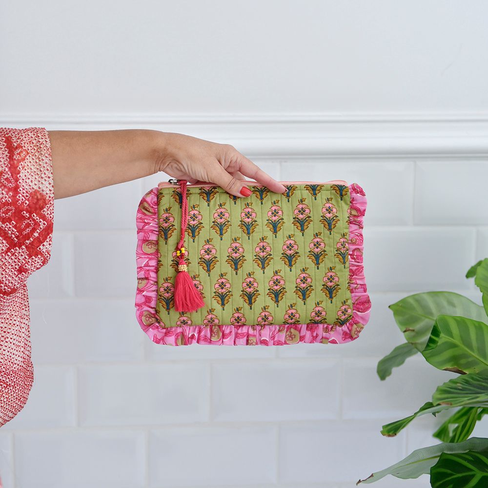 Block Printed Green & Pink Floral Quilted Ruffle Make Up Bag