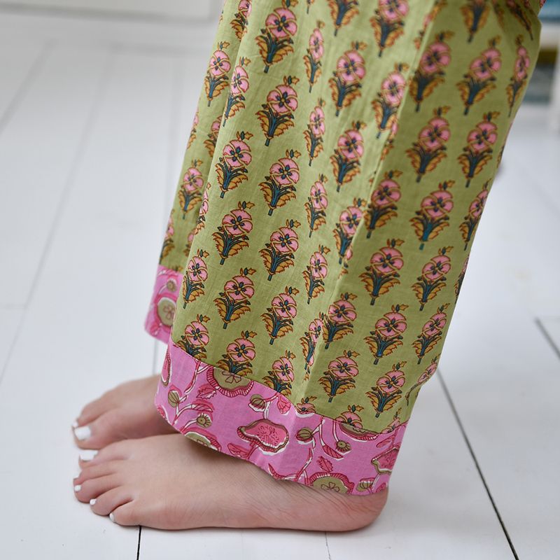 Block Printed Green & Pink Floral Cotton Pyjamas