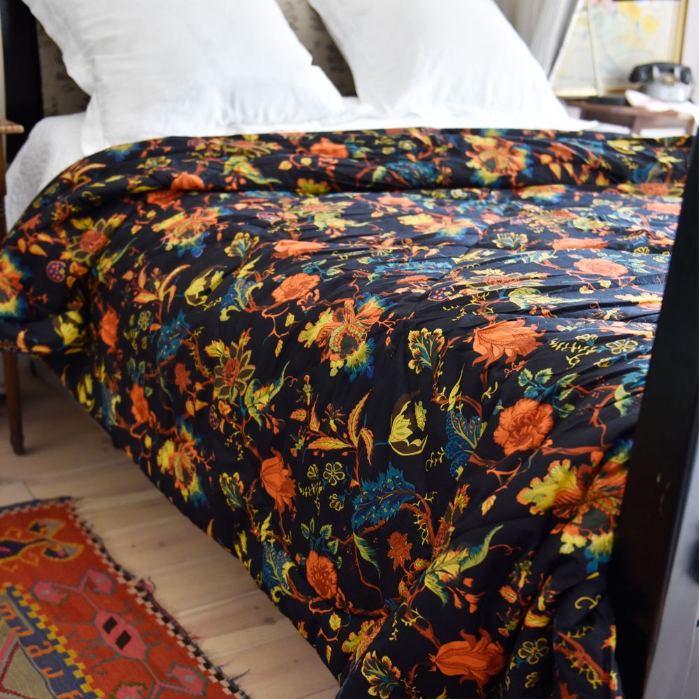 Burnt Orange Exotic Flower Print Cotton Indian Bed Quilt