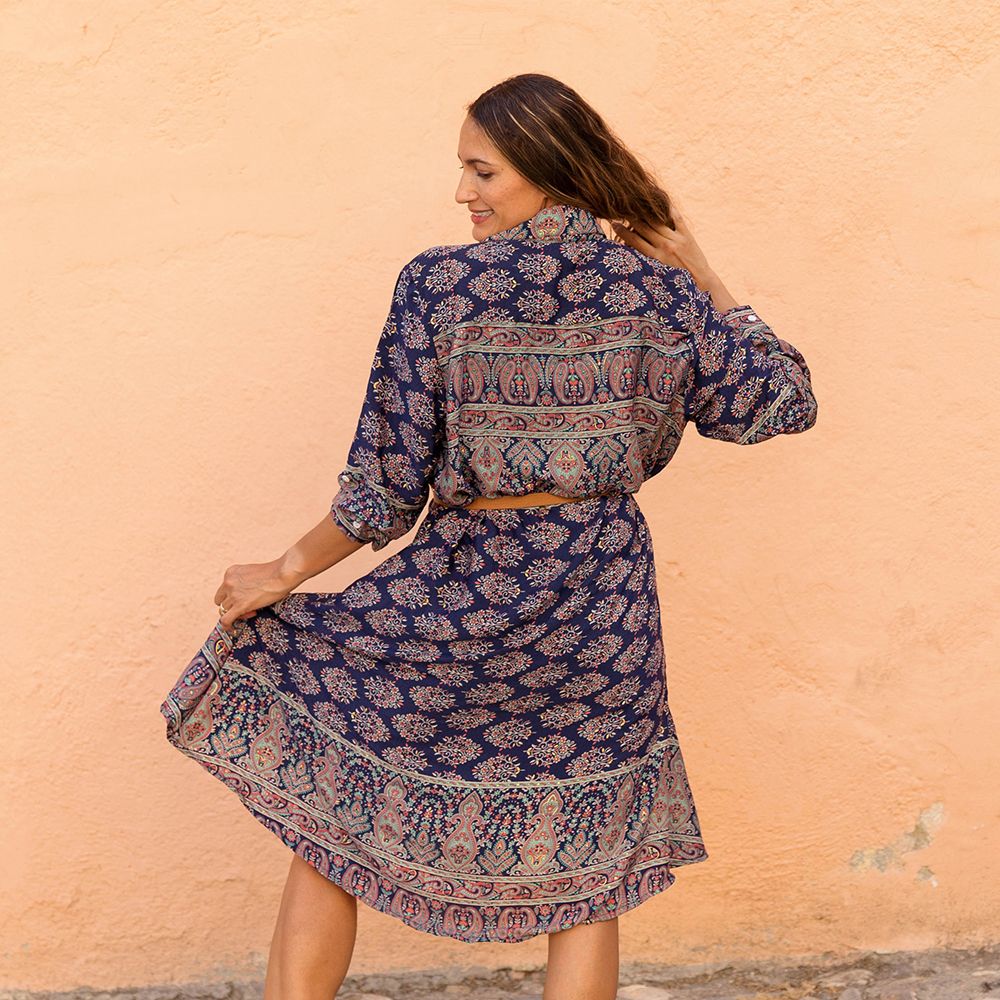 'Sasha' Buttoned Navy Floral Paisley Shirt Dress