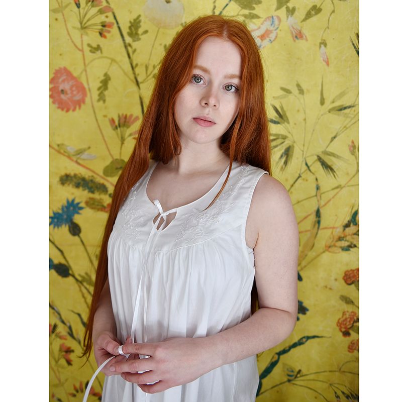 Ladies Sleeveless Nightdress With Rose Embroidery & Pearl Seeding 'Nora'