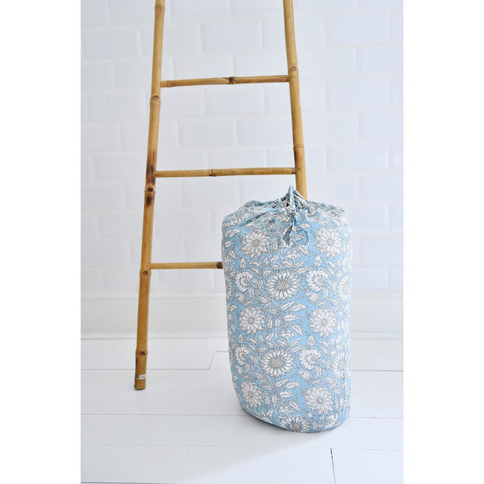 Block Printed Blue Cornflower Cotton Indian Bed Quilt