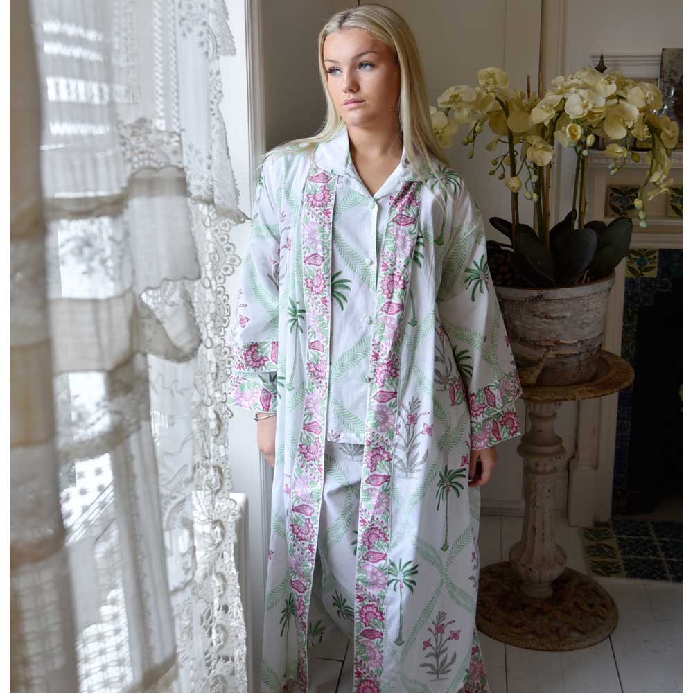 Floral Pink Palm Print Cotton Dressing Gown