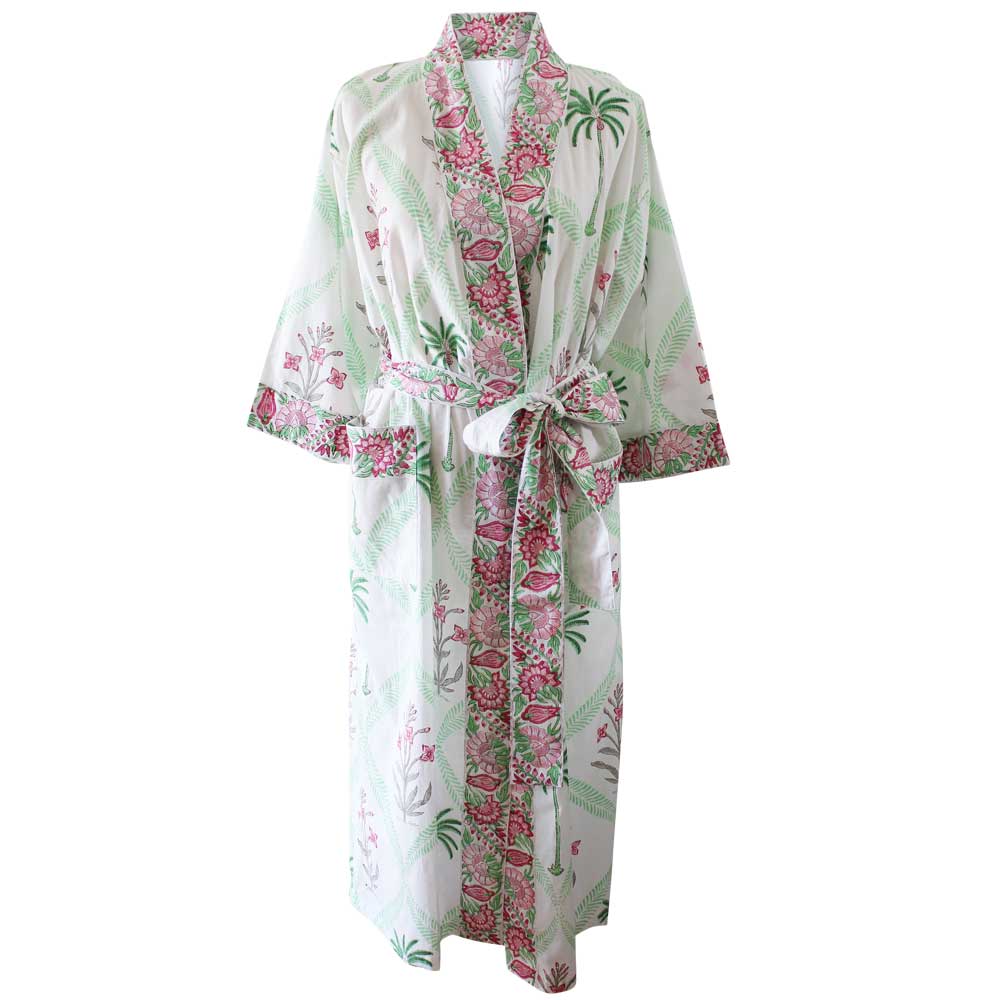 Floral Pink Palm Print Cotton Dressing Gown