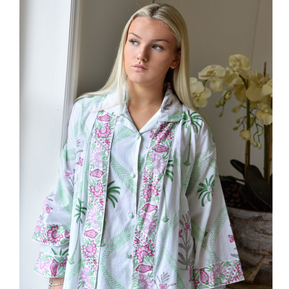 Floral Pink Palm Print Cotton Dressing Gown