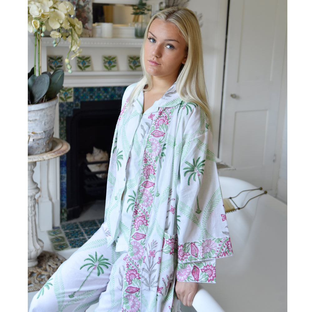 Floral Pink Palm Print Cotton Dressing Gown