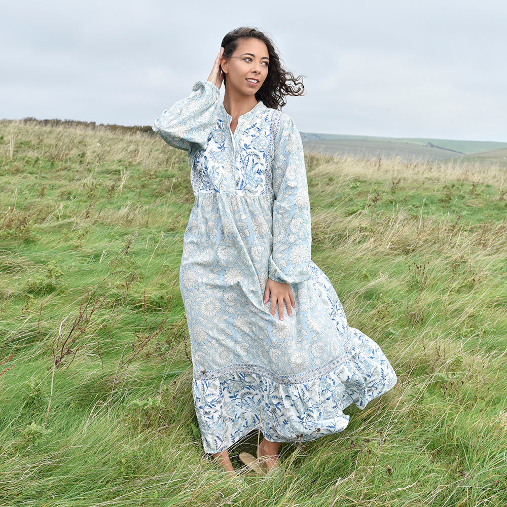 Block Printed Blue Cornflower Cotton Dress 'Emery'