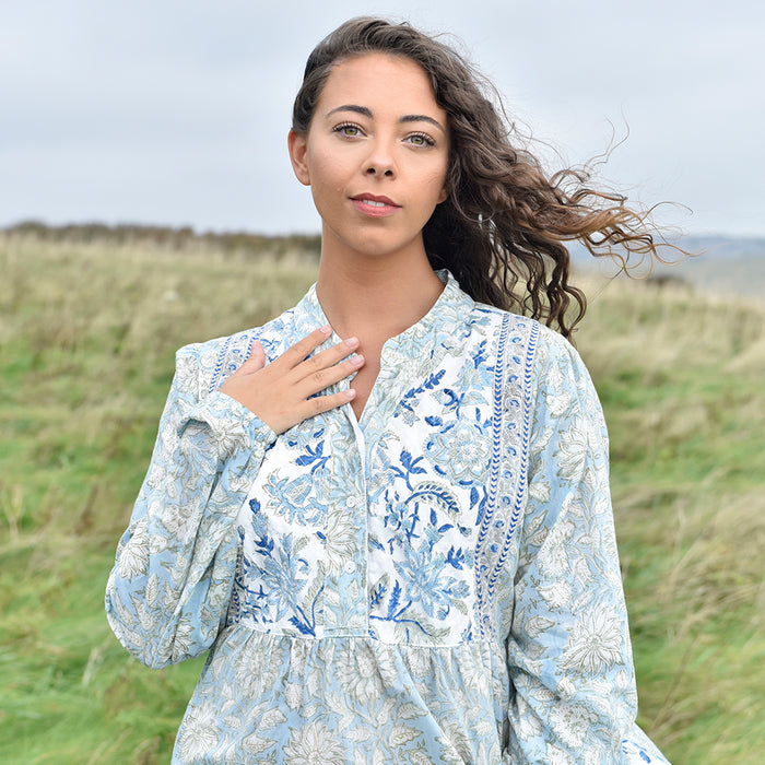 Block Printed Blue Cornflower Cotton Dress 'Emery'