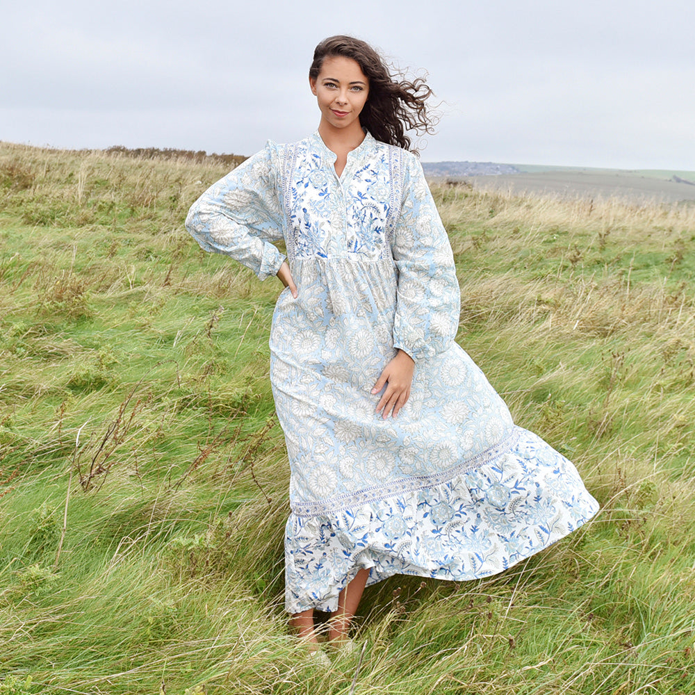 Block Printed Blue Cornflower Cotton Dress 'Emery'
